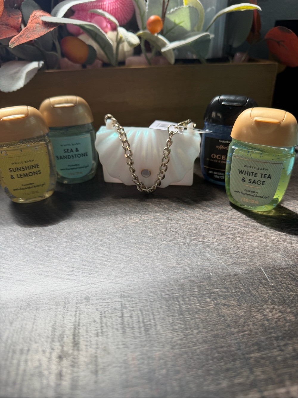 Bath and body works White Shell Hand Sanitizer Holder with Gold Chain